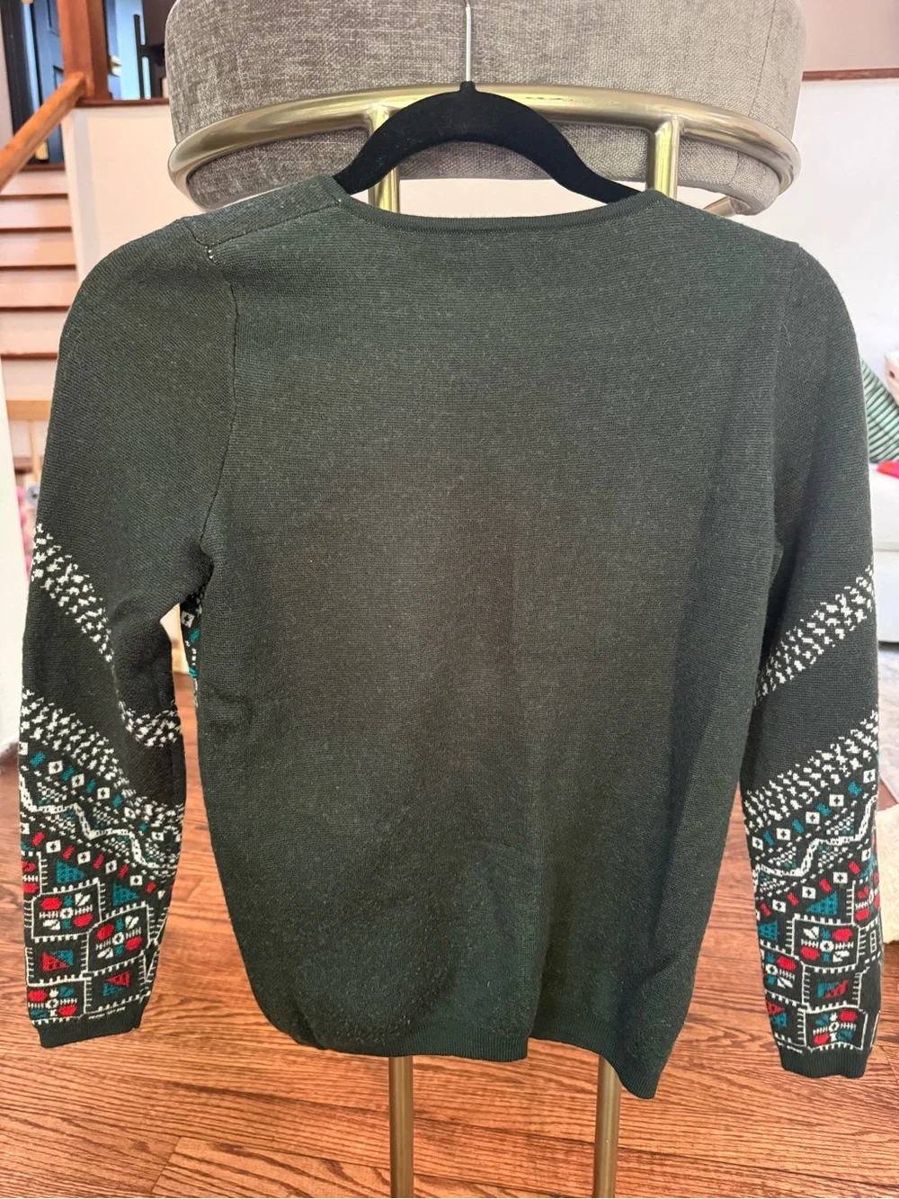 J. Crew Dark Green Geometric Pattern Crewneck Sweater with Red & Teal Accents